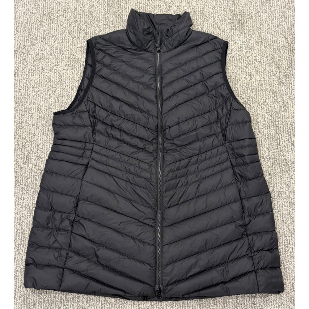 Lands' End Puffer Vest Women XL/P Black Down Insulated Quilted Full Zip